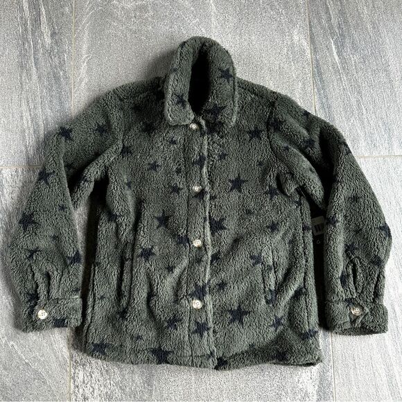 NWT PJ Salvage Cozy Button Up Jacket w/ Pockets in Olive Green Black Stars Small - Picture 3 of 16